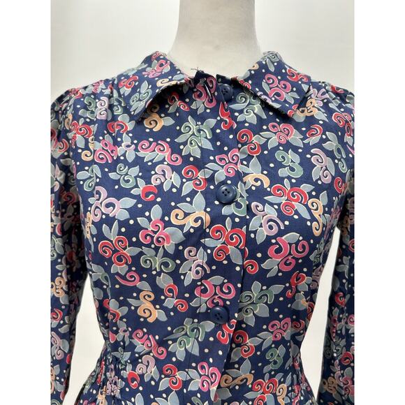 SAINT LAURENT Rive Gauche Vintage Womens Size 36 Blue Floral Button Blouse Bow - Picture 5 of 13